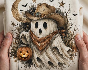 Cowboy Ghost Halloween PNG, Western Spooky Clipart, Pumpkin Sublimation Design