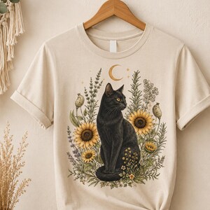 Digital Download Black Cat Sunflower Botanical PNG, Celestial Moon Cat Clipart, Boho Witchy Floral Shirt Sublimation Design image 3