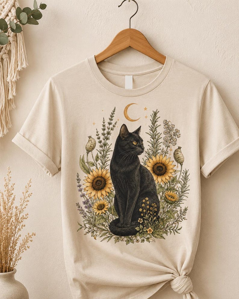 Digital Download Black Cat Sunflower Botanical PNG, Celestial Moon Cat Clipart, Boho Witchy Floral Shirt Sublimation Design image 3