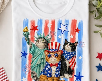Descarga digital, imagen PNG de gato patriótico, diseño de camiseta de gato para el 4 de julio, sublimación de gato para el Día de la Independencia, regalo para amantes de los gatos