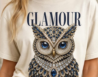 Descarga digital de búho glamuroso PNG, clipart de búho con diamantes de imitación, diseño de sublimación de búho azul brillante para camiseta