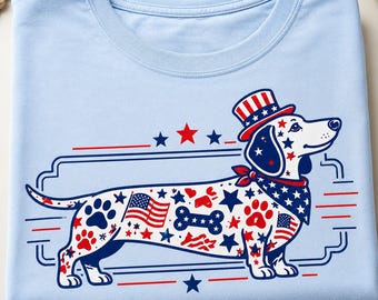 Descarga digital PNG de perro salchicha patriótico, diseño de perro del 4 de julio, archivo de sublimación de perro salchicha americano