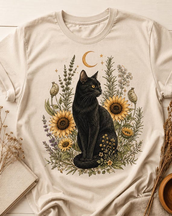 Digital Download Black Cat Sunflower Botanical PNG, Celestial Moon Cat Clipart, Boho Witchy Floral Shirt Sublimation Design