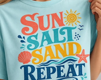 Descarga digital Sol Sal Arena Repetición PNG, Diseño de sublimación de playa de verano, Clip art de camiseta de vacaciones en el océano