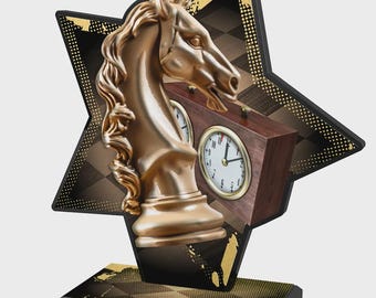 May include: A gold-colored chess knight trophy with a star-shaped background featuring a checkered pattern. The trophy includes a wooden clock with two clock faces. The base is black with gold accents.