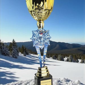 Puede incluir: Un trofeo dorado con una copa estampada y un elemento decorativo azul y blanco. El trofeo se asienta sobre una base negra con una placa dorada que dice "YOUR ENGRAVING HERE" y "TEXT". El fondo muestra un paisaje montañoso nevado.