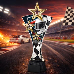 May include: A racing trophy with a black base and a clear, patterned body featuring a checkered flag design. Gold star accents adorn the top. The background shows a race track with a car and a checkered flag.