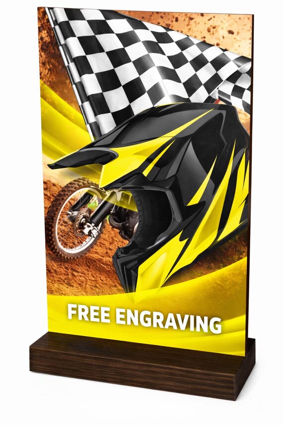 Trophée Motocross – Colonne Diagonale Bois Tourné, Base Marbre Noir, Personnalisable