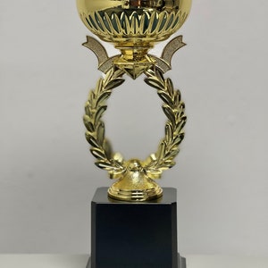 May include: A gold trophy with a laurel wreath design and a black base. The trophy has a cup-shaped top with a decorative rim.