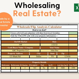 Wholesale real estate calculator, spreadsheet template, real estate template, financial analysis for wholesaling- digital download