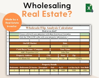 Puede incluir: Una hoja de cálculo marrón y verde con el título "Wholesaling Real Estate?" y el texto "Wholesale/Flip Analysis Calculator". La hoja de cálculo se utiliza para calcular el beneficio potencial de la reventa de una propiedad. La hoja de cálculo incluye campos para la dirección de la propiedad, la fecha, el nombre del comprador al contado y los detalles de la propiedad, como los dormitorios, los baños y los metros cuadrados.