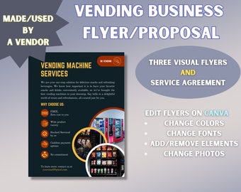 May include: A flyer advertising vending machine services for businesses. The flyer features a colorful design with images of vending machines and text that highlights the benefits of using vending machines, such as free, wide product variety, stocked and serviced by the company, cashless payment options, and no commitment. The flyer also includes information on how to contact the company for more information.