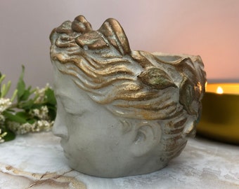 Greek Woman Succulent Concrete Planter l Gray with Gold Laurels