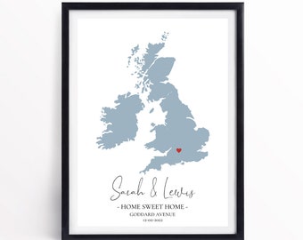 New Home UK Map Personalised Print || Home is where the heart is, Home print, New home gift, Digital print, 6x4, A4 print, Personalised gift