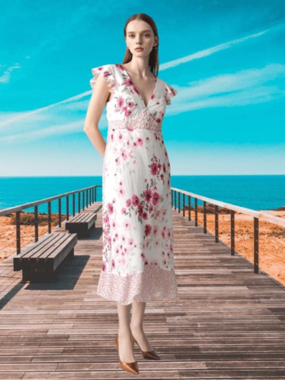 knee length dresses for ladies Blue Floral Flutter Sleeve Midi Dress - Smocked Dresses main image 1