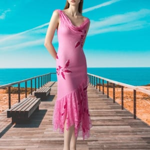 STUNNING Vintage Y2K Sue Wong Beaded Silk Floral Maxi Pink Dress RARE!!! Sz 8
