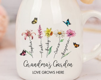 Cadeau grand-mère, vase de fleurs de jardin de grand-mère personnalisé, vase de fleur de grand-mère, vase de fleur de naissance, vase de fleurs personnalisé avec nom de petit-enfant, cadeau fête des mères,