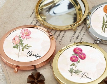 Gift for mom,Personalized Bridesmaids Compact Mirror, Bridesmaid Gifts, Birth Flower Mirror, Floral Compact Mirror, Travel Pocket Mirror,
