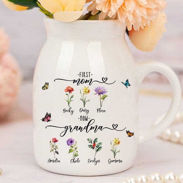 Personalized Grandma's Garden Flower Vase, Custom First Mom Now Grandma Vase,Mother's Day Gift, Grandkid Name Flower Vase, Grandma Gift