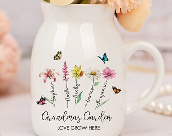 Grandma Gift,Custom Grandmas Garden Flower Vase, Grandma Flower Vase, Birthflower Vase, Custom Grandkid Name Flower Vase, Mothers Day Gift,