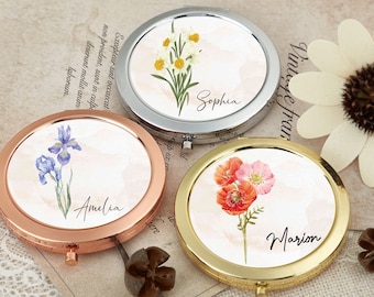Personalized Gift for mom Birth Flower Compact Mirror, Bridesmaids Gifts,Floral Compact Mirror, Birthday Gift for her, Travel Pocket Mirror