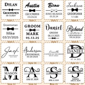 May include: A grid of sixteen square labels featuring black text and graphics on a white background. Each label displays various wedding-related names, titles like Groomsman or Groom, dates, and decorative bow tie icons or monograms in different fonts.