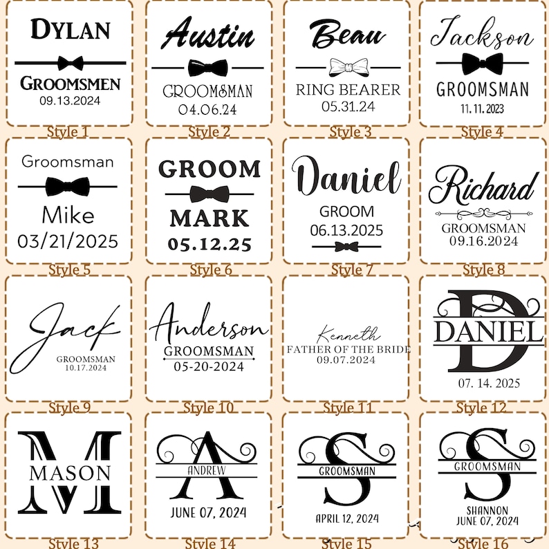 May include: A grid of sixteen square labels featuring black text and graphics on a white background. Each label displays various wedding-related names, titles like Groomsman or Groom, dates, and decorative bow tie icons or monograms in different fonts.