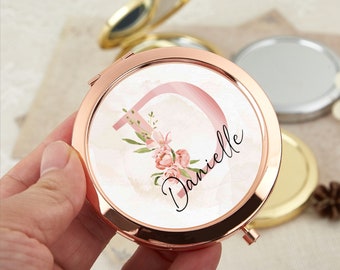 Personalized Alphabet Gold Compact Mirror for Woman Name Initial Floral Monogram Bridesmaid Bachelorette Makeup Pocket Mirror Birthday Gift