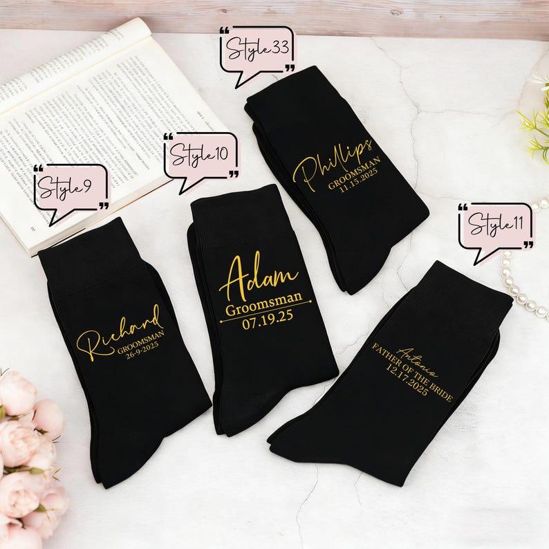 May include: Four black socks featuring gold text. The socks are personalized with names such as Richard, Adam, Phillips, and Antonio, along with titles like Groomsman or Father of the Bride and specific dates. Each sock is labeled with a style number.