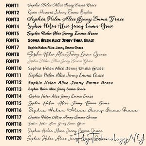 May include: A list of 20 different font styles, each displaying the names Sophia, Helen, Alice, Jenny, Emma, and Grace. The font styles range from simple to ornate.