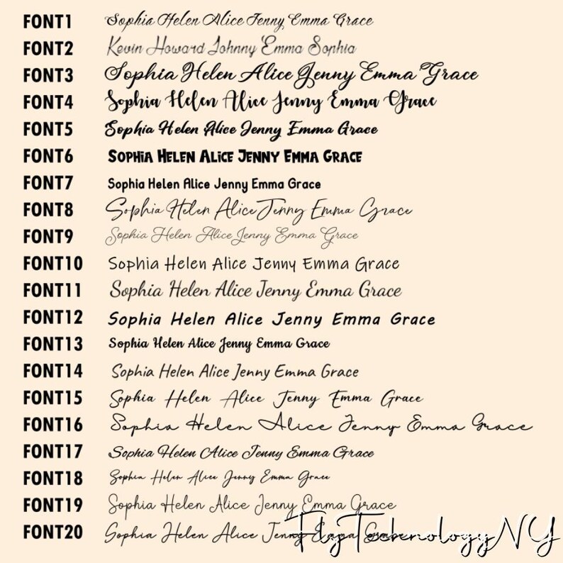 May include: A list of 20 different font styles, each displaying the names Sophia, Helen, Alice, Jenny, Emma, and Grace. The font styles range from simple to ornate.