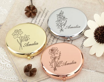Personalized Compact Mirror,Gifts for Bridesmaid Proposal & Best Friend Birthday,Custom Gift for Women,Custom Engraved Birth Flower For Her