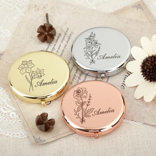 Personalized Compact Mirror,Gifts for mom Bridesmaid Proposal & Best Friend Birthday,Custom Gift for Women,Custom Engraved Birth Flower