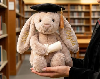 Personalized Graduation Bunny Plush, College Graduation Gift, University Graduation Plush, Cute Bunny with Cap Diploma Keepsake for Her