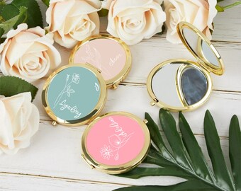 Personalized Birth Flower Compact Mirror,Bridesmaid Gift,Floral Compact Mirror,Bridal Shower Gift, Travel Pocket Mirror,Wedding Party Favors