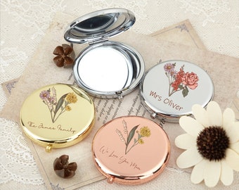 Personalized Name Compact Mirror with Birth Flower Bouquet,Bridesmaid Proposal,Engraved Pocket Mirror,Birthday Gift,Hen Party Gift for Her