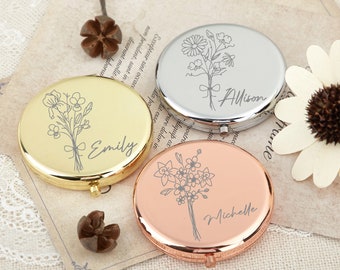 Gift for mom,Customized Pocket Makeup Mirror Pocket Makeup Mirror, Bridesmaid Gifts, Birth Flower Compact Mirror with name, Hen Party Gift