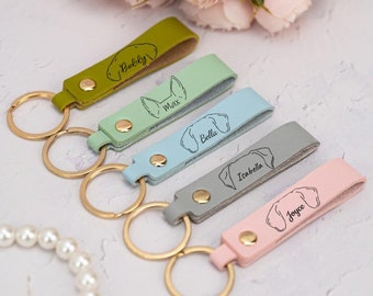 Dog Ear Keychain with Name, Custom Dog Mom Keychain, Dog Mom Gift, Pet Lovers Gift, Pet Loss Memorial Gift, Engraved Leather Key Chain