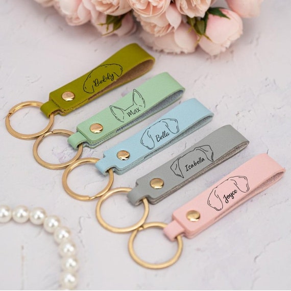 Dog Ear Keychain with Name,Custom Dog Mom Keychain,Dog Mom Christmas Gift,Pet Lovers Gift,Pet Loss Memorial Gift, Engraved Leather Key Chain