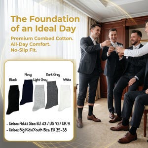 May include: A set of five solid-colored socks in black, navy, light grey, dark grey, and white. The text reads: The Foundation of an Ideal Day, Premium Combed Cotton, All-Day Comfort, No-Slip Fit. Sizes: Unisex Adult EU 43 / US 10 / UK 9 and Youth EU 35-38.
