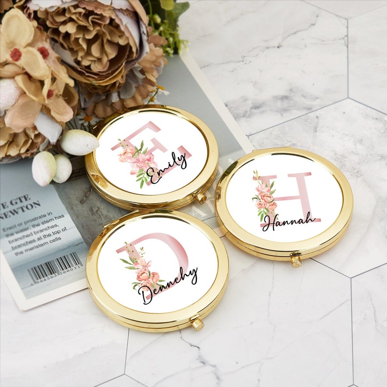 Floral Bridesmaid Gift,Personalized Gift for momCompact Mirror, Name Pocket Mirror, Handheld Mirror, Proposal or Bridal Party Gift image 1