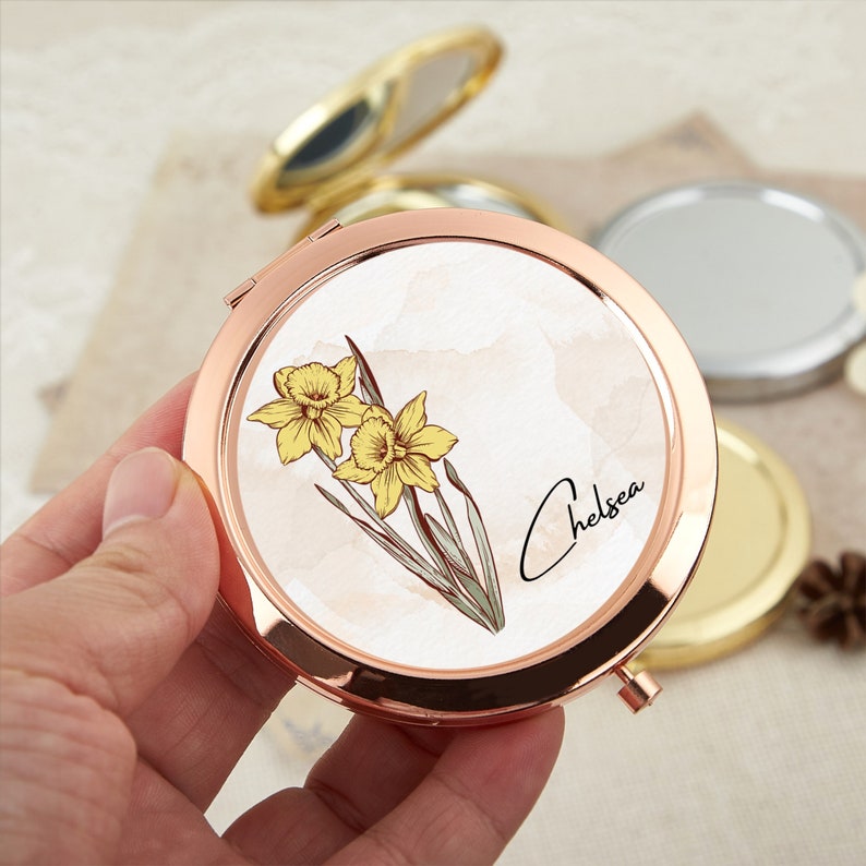 Personalized Compact Mirror Birth Month Flower Mirror-Bridal Shower Gifts Wedding Gifts Bride Bridesmaid Gifts Engraved Pocket Mirror image 2