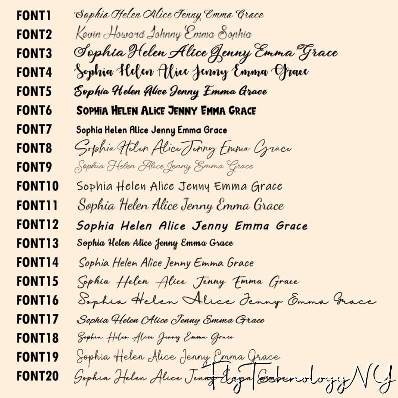 May include: A list of 20 different font styles, each displaying the names Sophia, Helen, Alice, Jenny, Emma, and Grace. The font styles range from simple to ornate.