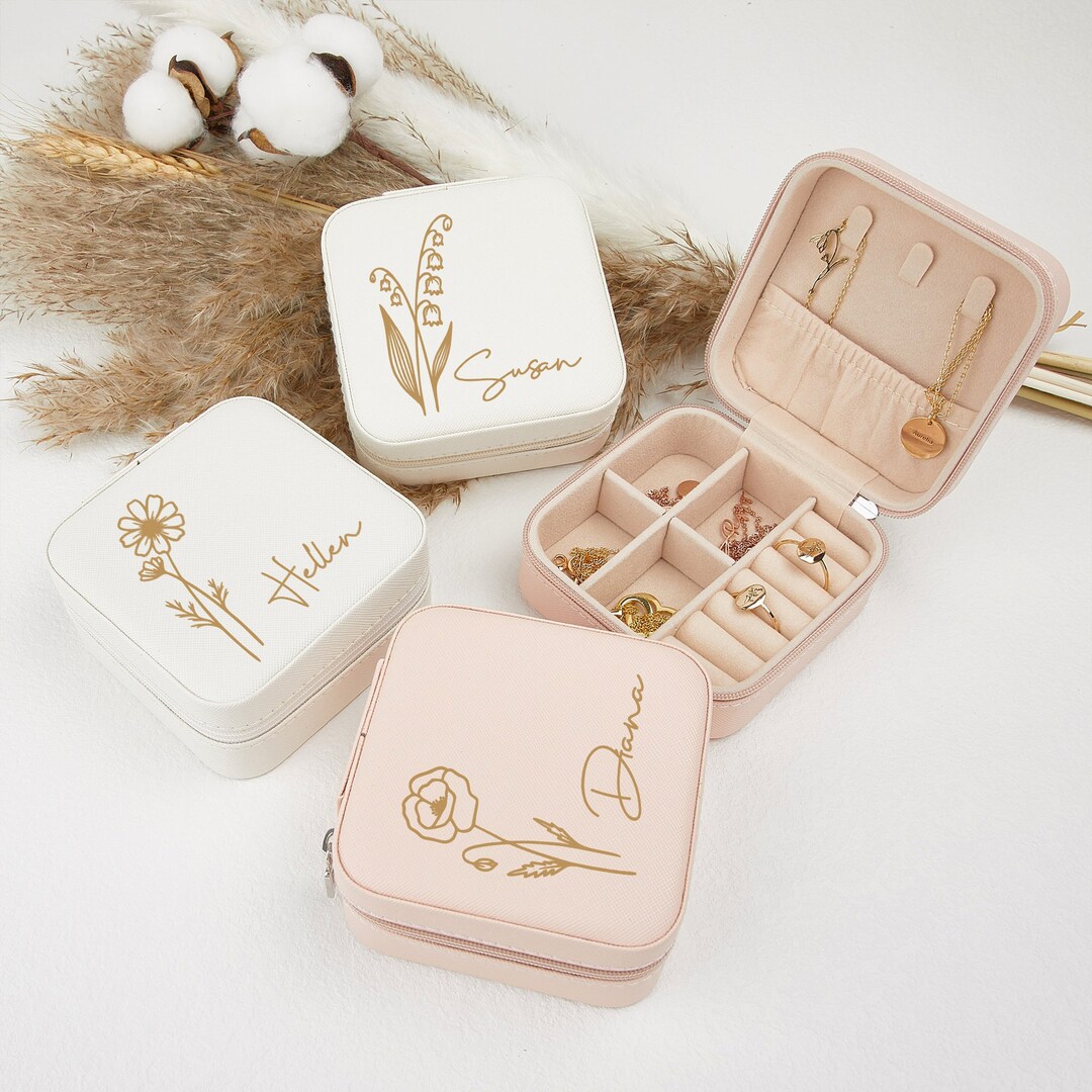 Personalized Birth Flower Jewelry Travel Casecustom Travel Etsy