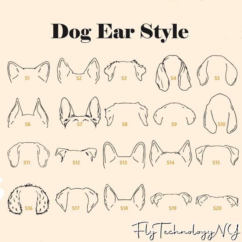 May include: A chart showing 20 different dog ear styles, labeled with numbers S1 through S20. The chart is on a light beige background.