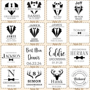 May include: A collection of sixteen square labels featuring black text and graphics on a white background. Designs include tuxedo illustrations, bow ties, deer antlers, and personalized names with dates for wedding roles like groom and groomsman.