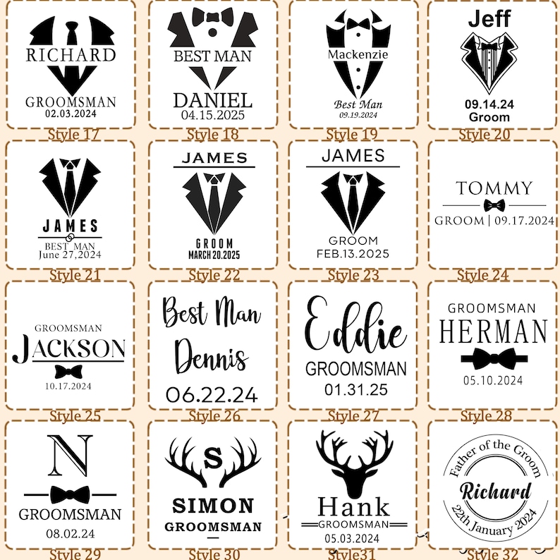 May include: A collection of sixteen square labels featuring black text and graphics on a white background. Designs include tuxedo illustrations, bow ties, deer antlers, and personalized names with dates for wedding roles like groom and groomsman.