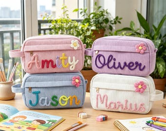 Custom Name Corduroy Pencil Pouch Personalized Kids Pencil Case Monogram School Supply Bag Back to School Gift for Girls Students