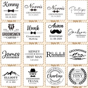 May include: A grid of sixteen square labels featuring black text and graphic designs on a light background. Each label displays unique names, titles like Groomsman or Best Man, dates, and icons including bow ties, mustaches, mountains, and hats.