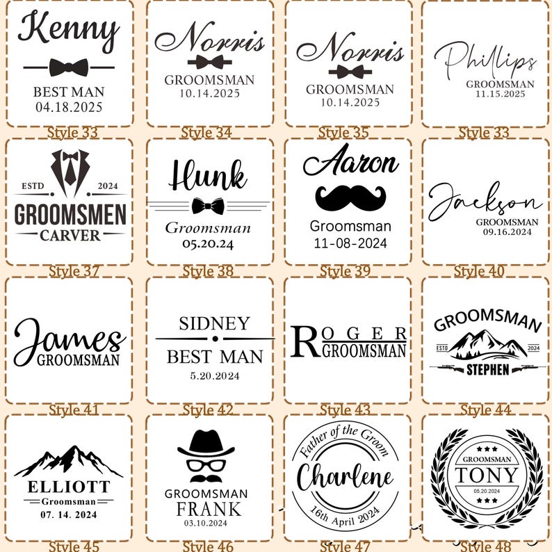 May include: A grid of sixteen square labels featuring black text and graphic designs on a light background. Each label displays unique names, titles like Groomsman or Best Man, dates, and icons including bow ties, mustaches, mountains, and hats.